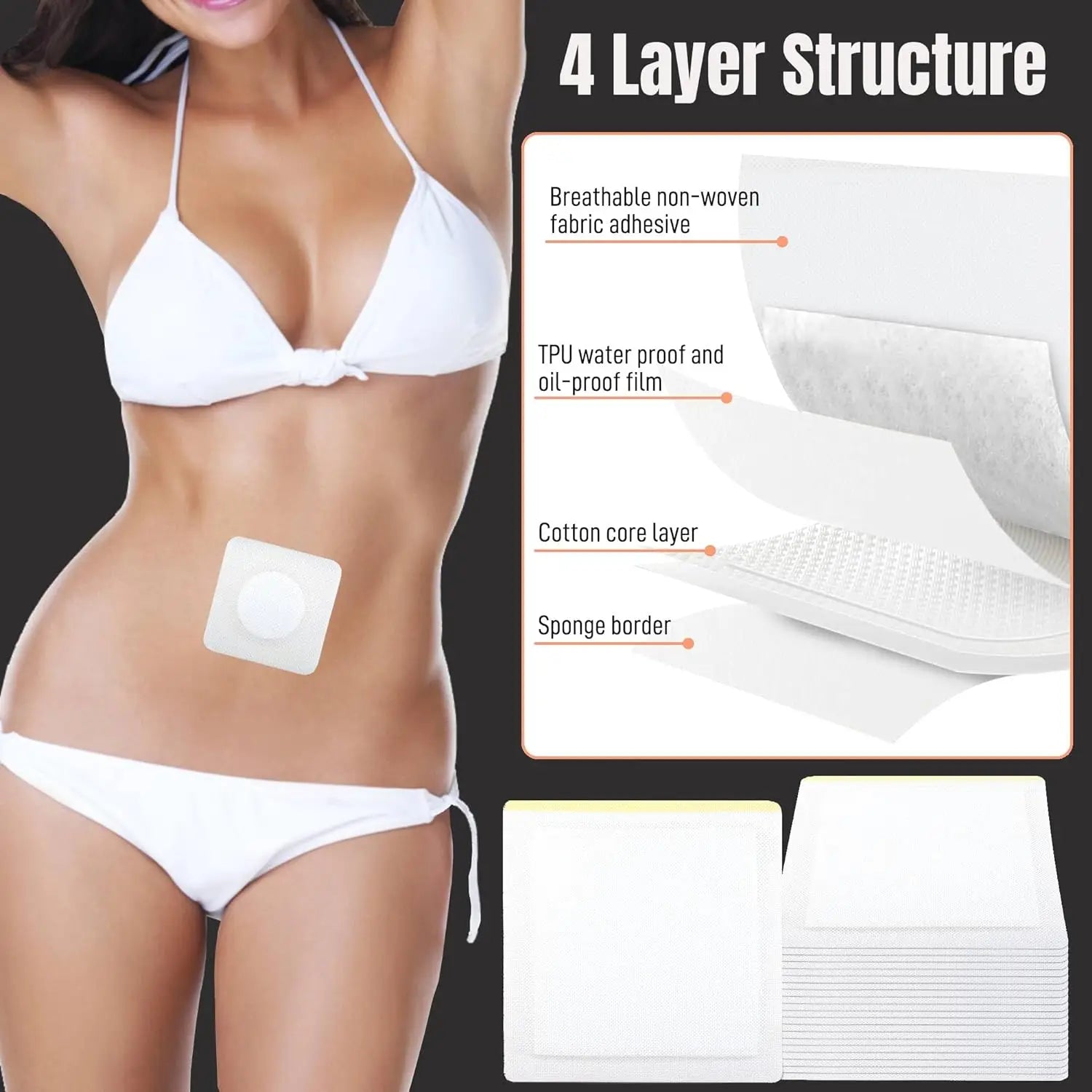 White square adhesive belly button patch with a four-layer breathable fabric, waterproof TPU film, cotton core, and sponge border designed for navel belly button slimming use.