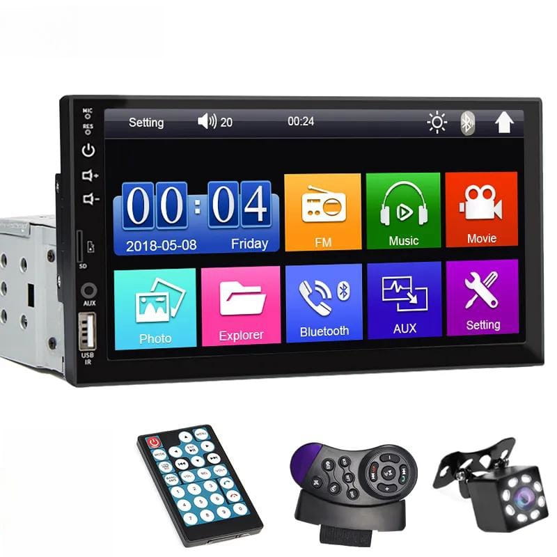 Black 7-inch mp5 player mobile car stereo with colorful touchscreen interface and multiple media function icons for mobile phone interconnection