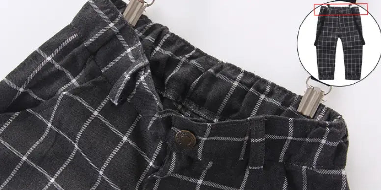 Men’s plaid suspenders treasure suit tide suit featuring relaxed fit black and white plaid corduroy pants.