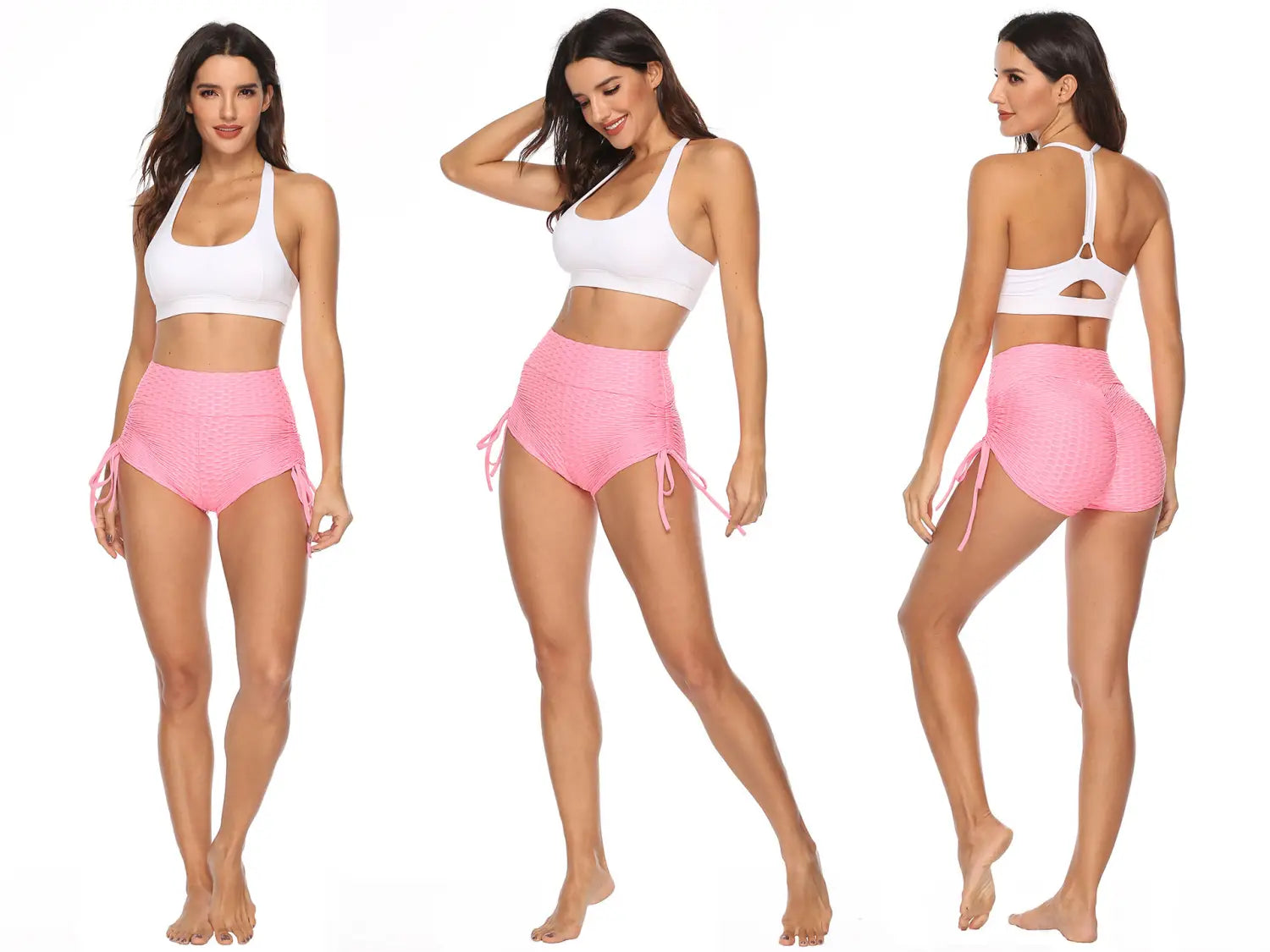 pink high-waisted drawstring shorts textured with side ties and a textured butt lift finish