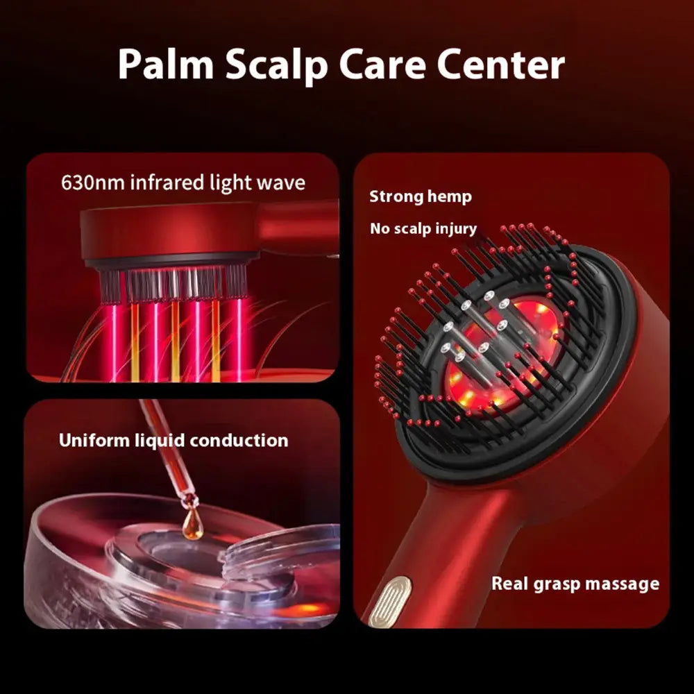 red handheld scalp care massage device with black bristle head and glowing red infrared light waves for care massage activating hair growth.