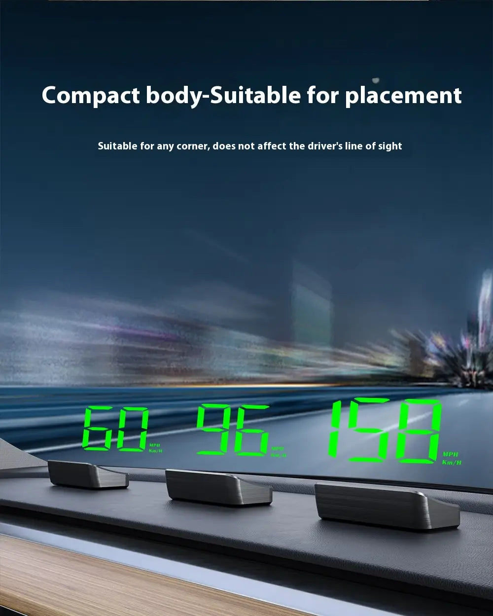 green digital speedometer display car gps velometer mounted on a car dashboard for universal head-up display use