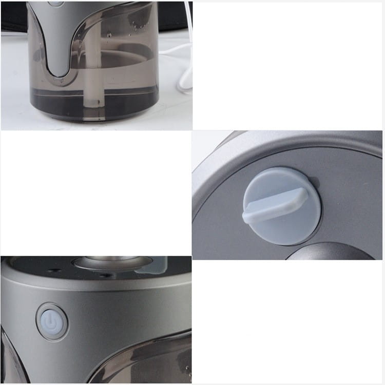 modern auto alcohol dispenser handsanitzer made of gray and translucent plastic with a white power button and control knob for easy use as an auto alcohol dispenser handsanitzer.