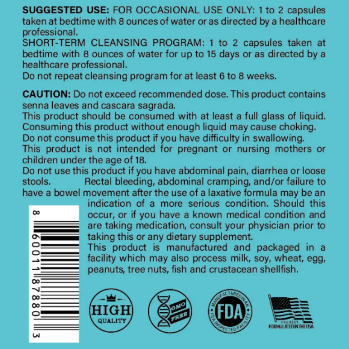 the back label of a blue-packaged super colon cleanse capsule 30 count featuring herbal ingredients senna leaves and cascara sagrada with fda certification and allergen warnings