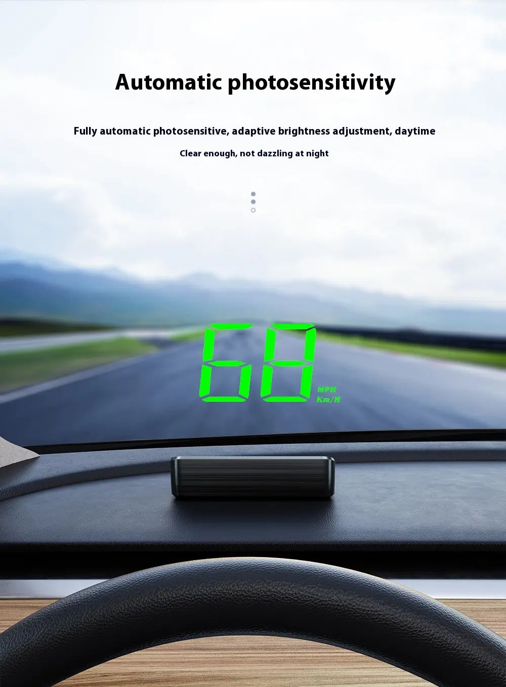 Green digital speed display car gps velometer projected onto windshield with automatic brightness adjustment in universal head up display car gps.