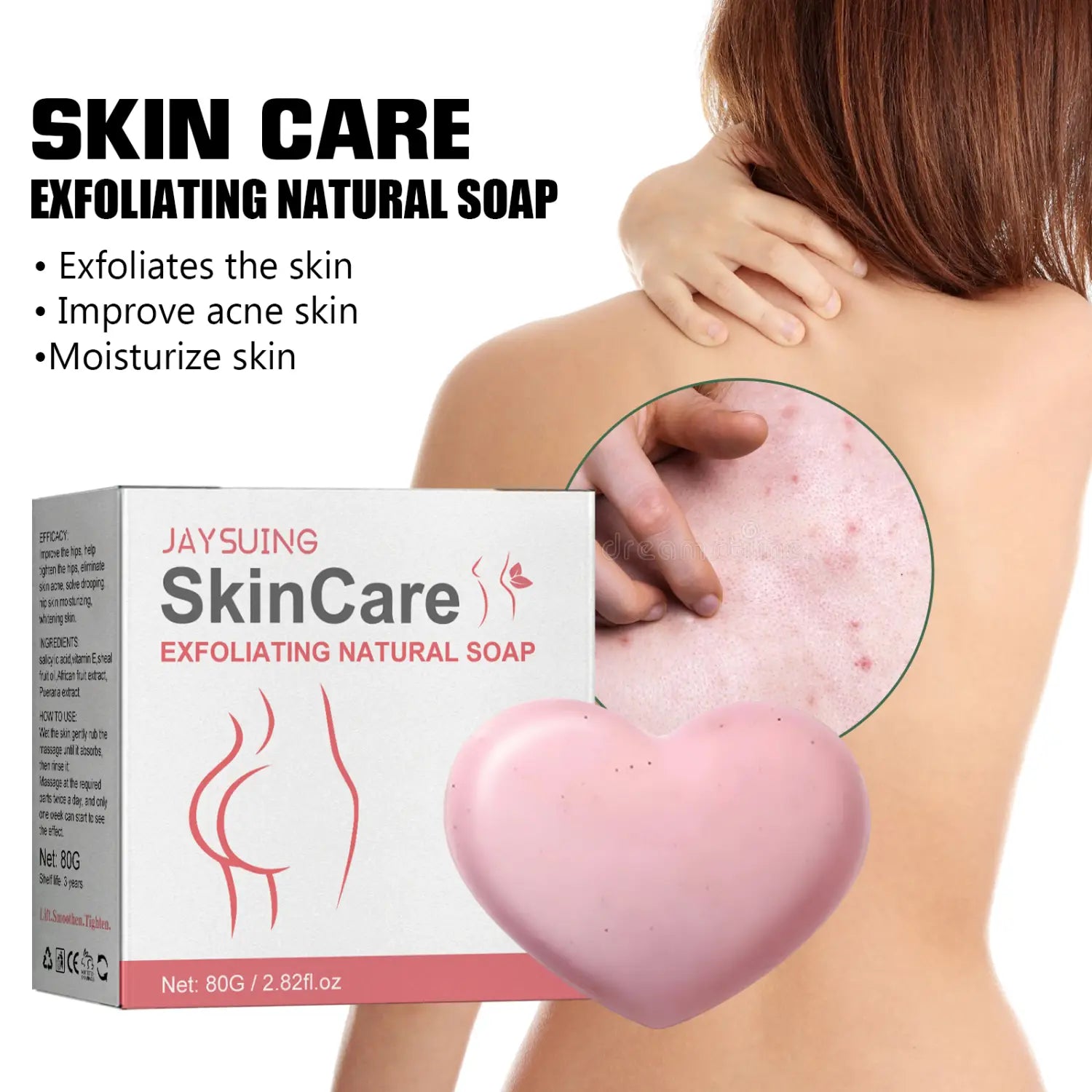 pink heart-shaped exfoliating bath soap removes acne with natural ingredients for effective skin cleansing.