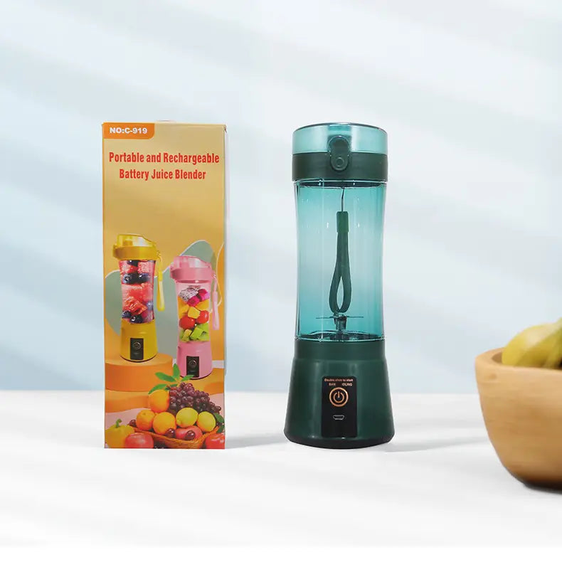 Teal and black electric fruit juicer with a sleek cylindrical design featuring a portable battery-powered function and USB rechargeable mixer.