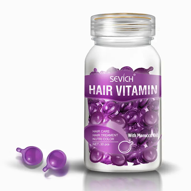a clear glass bottle with a purple label containing 30 translucent purple hair care capsules designed as small rounded droplets for multicolor hair care capsules offering diverse benefits.