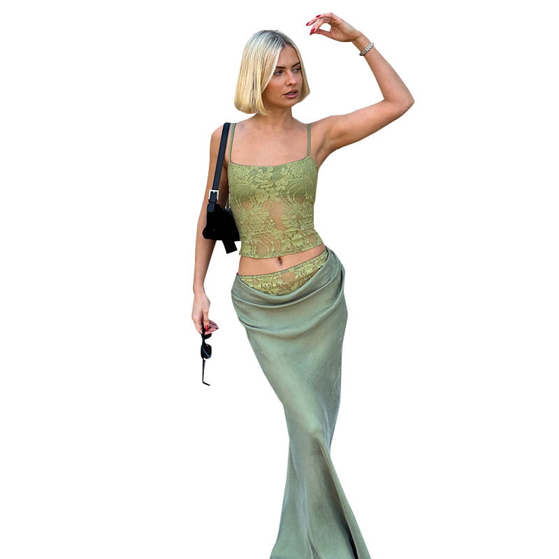 sage green lace backless tube crop top with intricate floral embroidery paired with an olive green satin sling stitching ruffle skirt featuring a flowing stitching ruffle hip silhouette