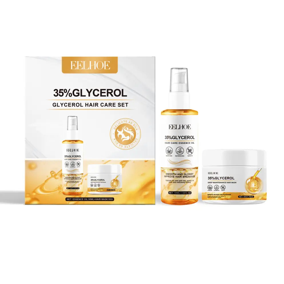 the feelhoe glycerin hair care set features a hair mask in a white jar and a clear spray bottle with golden liquid for effective hair treatment.