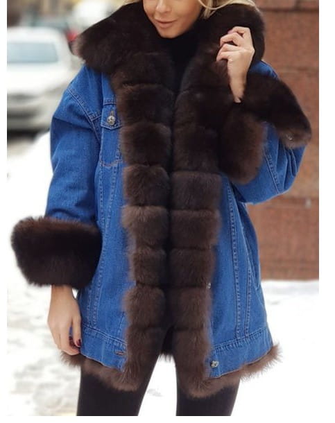 Blue denim long sleeve coat with plush dark brown fur-lined hood and cuffs for added warmth and style.