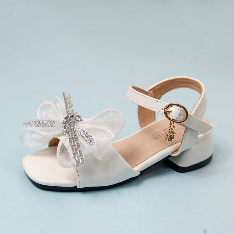 white girl soft-soled net beach shoes featuring a sheer organza bow with silver rhinestones and a gold-toned ankle strap with a small charm, perfect for net red style.
