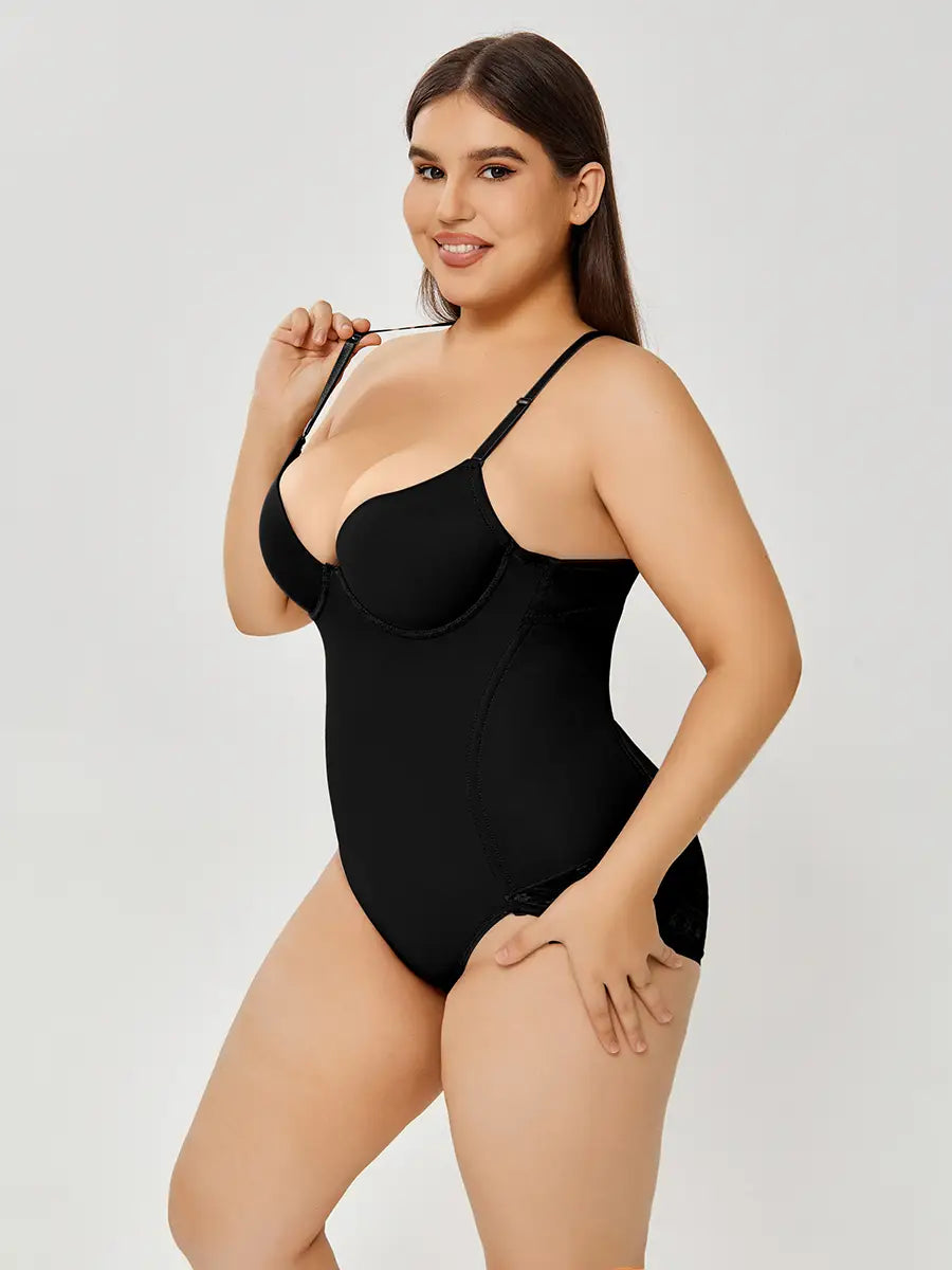 plus size black ultra firm control body shaper swimsuit with thin straps and supportive form-fitting design for firm control body shaping.