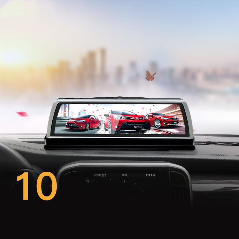 black-framed rearview mirror with integrated touchscreen displaying red Toyota RAV4 cars in road detective K500 center console streaming dash cam.