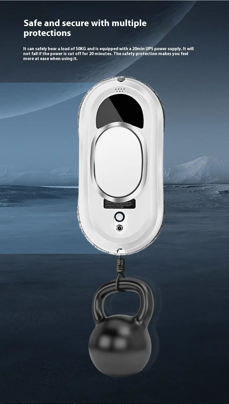 white oval-shaped glass cleaner with black handle and a dangling black kettlebell attachment designed as an automatic high altitude cleaning machine for efficient high altitude cleaning tasks