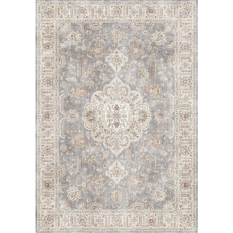 Burgundy ornate short pile area rug featuring vintage-style gray and cream intricate floral and geometric patterns ideal for luxury women’s fashion retail spaces and complementing plus size dresses bikinis displays.