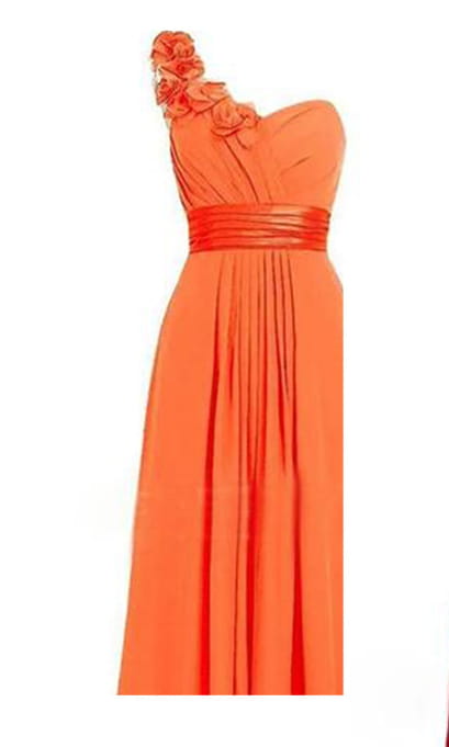 a vibrant orange one-shoulder gown with a ruched bodice floral embellishment at the shoulder and pleated skirt in a slanted neck sleeveless style.