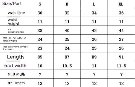 The image displays a size chart for women’s high waist peach hip yoga pants showing measurements and corresponding sizes from S to XL.