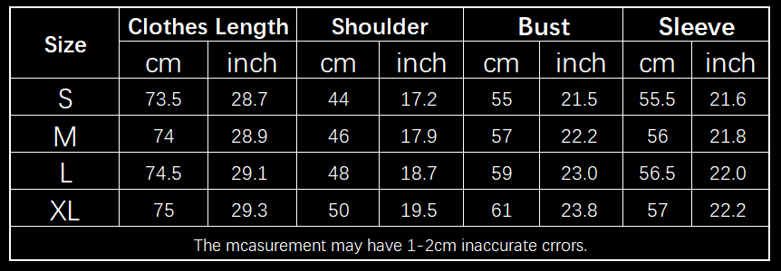 The table displays size measurements in centimeters and inches for a white puffer winter coat women casual windproof jacket across sizes S, M, L, and XL.