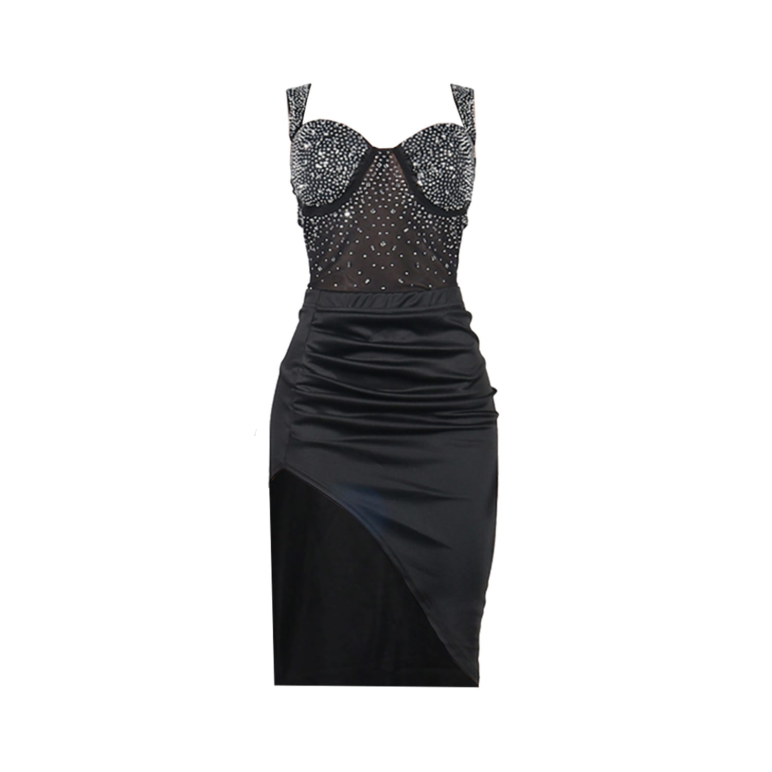 black satin midi dress with a sparkling sequined bodice and high slit from rhinestone sling backless set two colors collection.