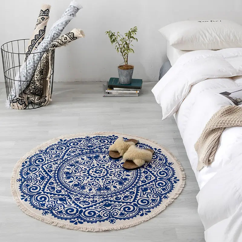 circular blue and white navy mandala ethnic style round carpet floor mat with fringed edges and intricate pattern design