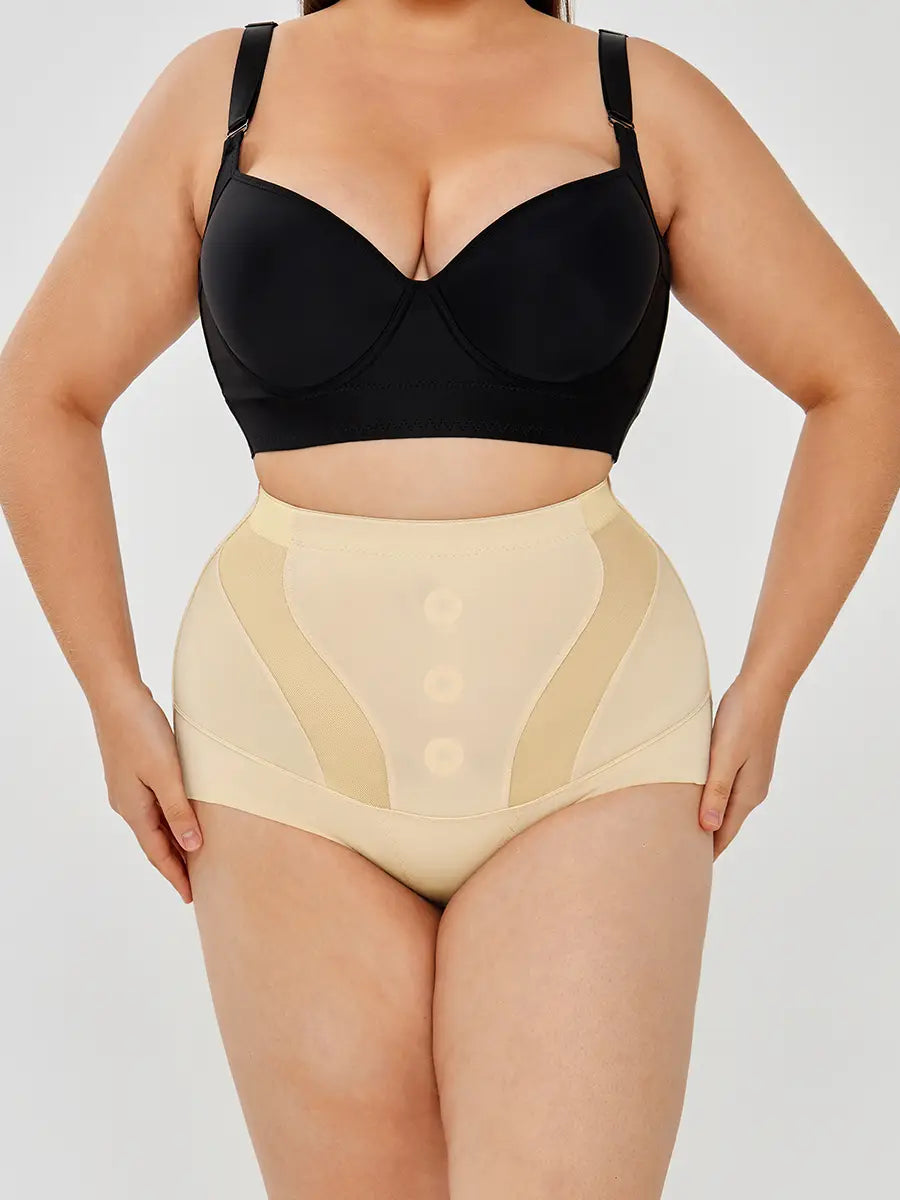 Black and beige womens tummy control high waist mesh body shaper set featuring a supportive bra top and seamless contouring briefs with sheer panels.