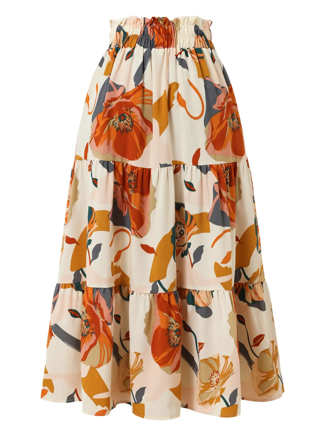 A cream tiered pleated floral print maxi skirt with an elastic waist featuring vibrant orange, mustard yellow, and dark gray blossoms on fabric.