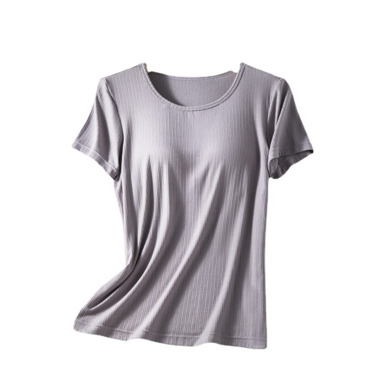 a soft light gray ribbed cotton women’s summerdale loose-fitting padded chest t-shirt with a round neckline and short sleeves