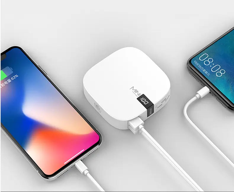 white square-shaped portable mini power bank with mini 100 branding featuring a slim design and 10000mAh capacity for digital scale use