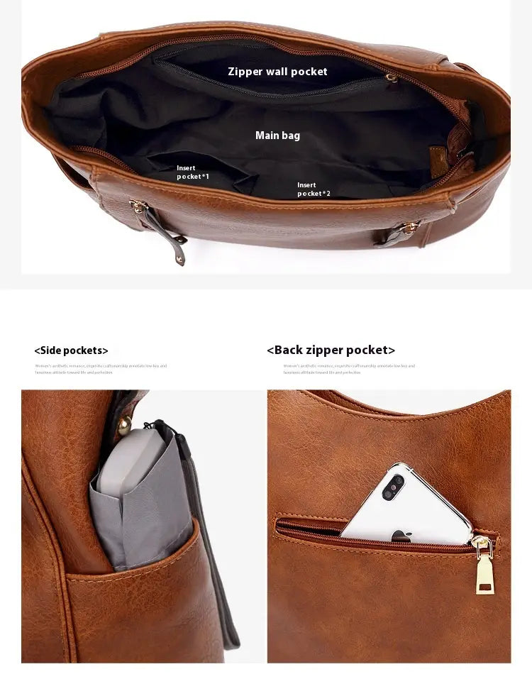 Brown leather crossbody bag with multiple compartments and zippers designed as a large capacity luxury women leather hobo bag.