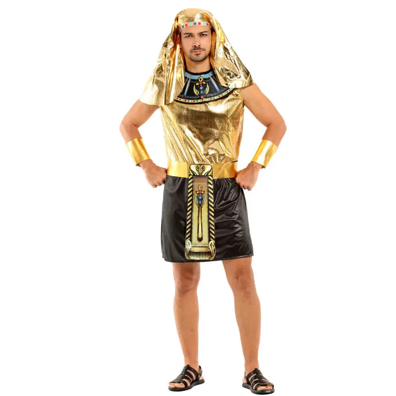 golden shiny egyptian pharaoh halloween cosplay costume with metallic gold top and black skirt designed for costume masquerade cleopatra events