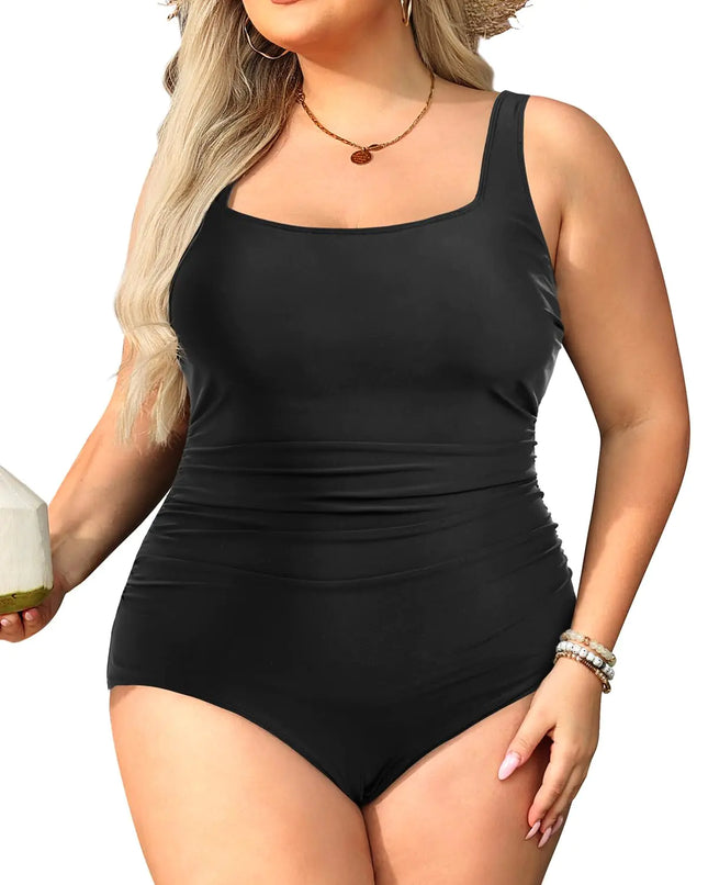 Daci Women Black1 Plus Size One Piece Swimsuit Athletic Tummy Control Ruched Bathing Suit with U-Back 26 Plus