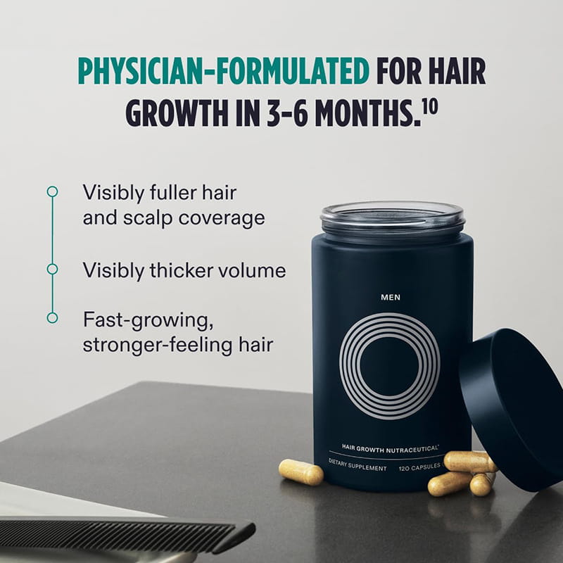 Dark blue cylindrical piece bottle with white concentric circle design labeled men containing 120 sealed hair care capsules for hair growth.