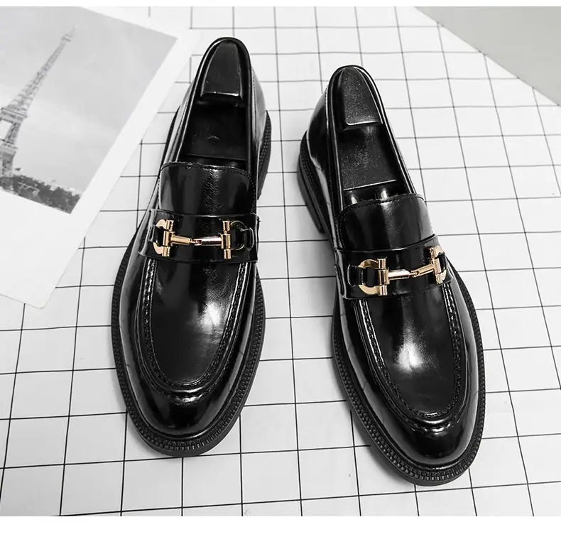 black patent leather horsebit loafers male fashion formal wear featuring gold tone horsebit buckle