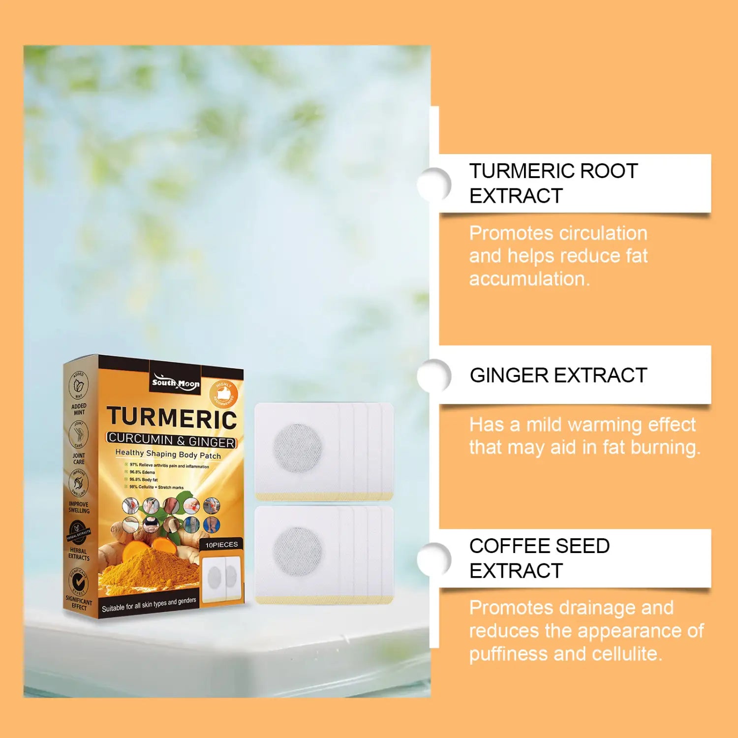a box of south moon herbal beauty shaping body patches featuring turmeric curcumin and ginger with a vibrant orange and black design and images of turmeric roots and ginger