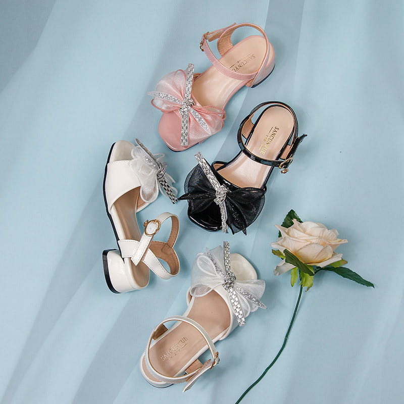 pink satin rhinestone bow girl soft-soled net beach shoes featuring sparkling silver bow embellishment