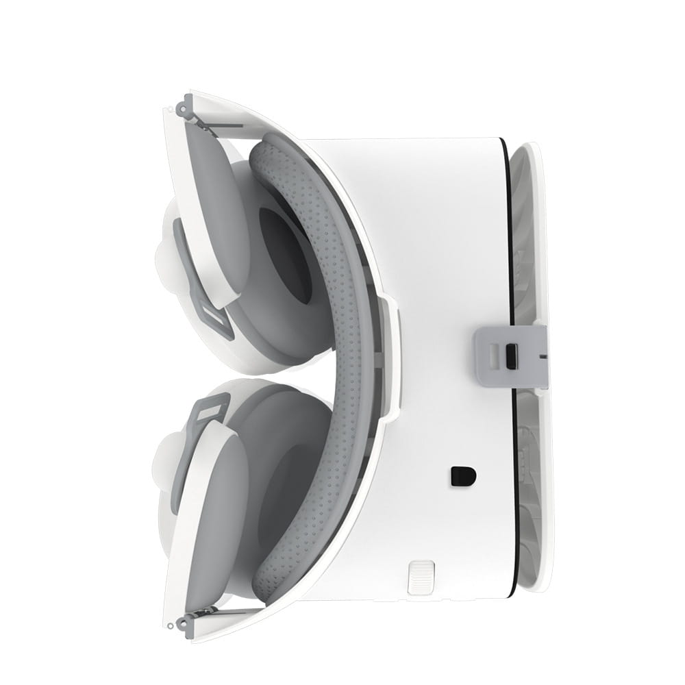 White bluetooth wireless headset vr glasses made of white plastic and gray fabric with adjustable headband and remote control functionality.