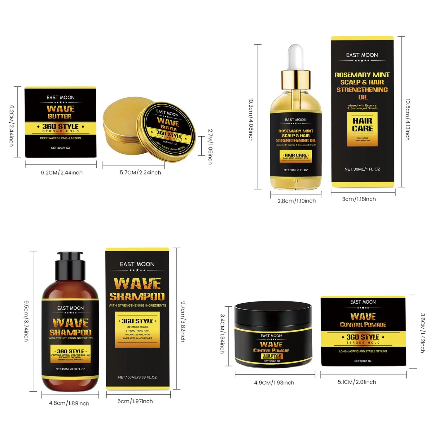 gold dropper bottle of east moon rosemary mint scalp and hair strengthening hair oil from the men’s hair care shaping wave collection set