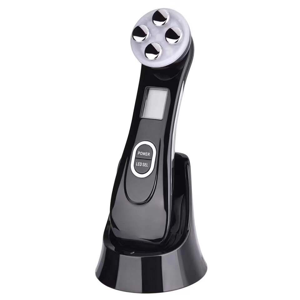 Black glossy mr201wq facial massage device with a circular head featuring four silver-toned treatment nodes and an integrated digital display for led photon skin rejuvenation.