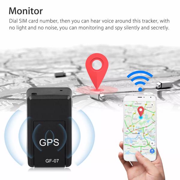 black rectangular magnetic gf07 mini gps real time tracker device with gps and gf-07 printed on the front surface