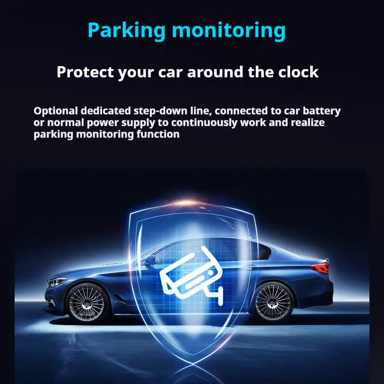blue bmw sedan with sleek design and alloy wheels shown inside a glowing shield graphic representing a 4k night vision driving recorder with panoramic parking surveillance features