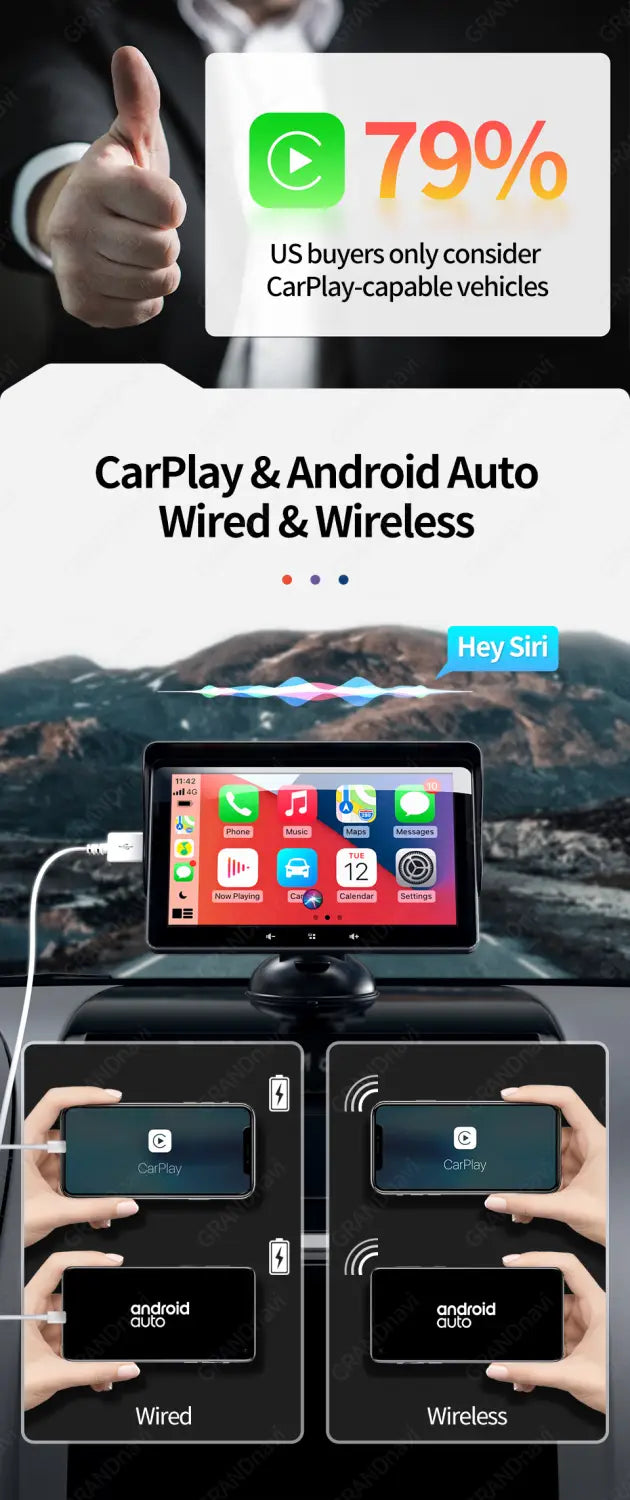 black touchscreen 7 inch wireless carplay display for car infotainment system showing apple carplay and android auto interfaces with cigarette lighter connection.