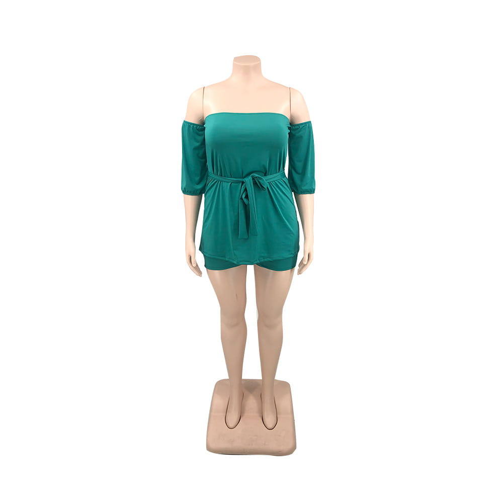 plus size ladies teal off-the-shoulder romper with three-quarter sleeves and tied waistband offering comfort stretch shorts style and emerald lace up two piece set design.