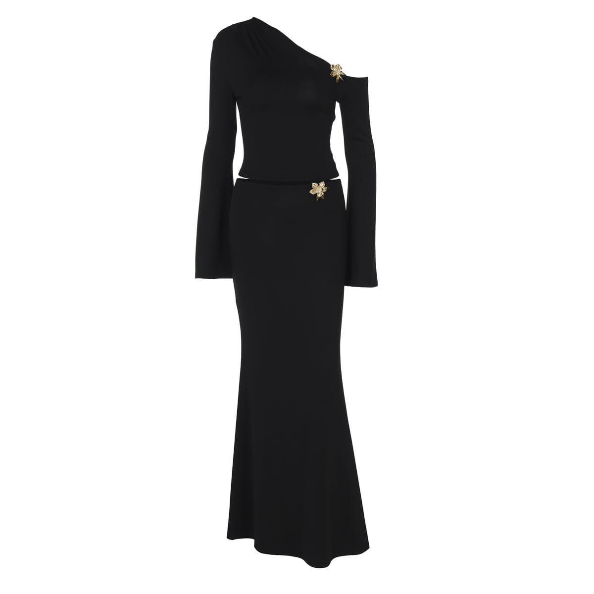 Black sexy slim oblique shoulder mermaid gown with gold floral embellishments at the shoulder and waist showcasing an elegant and form-fitting design.