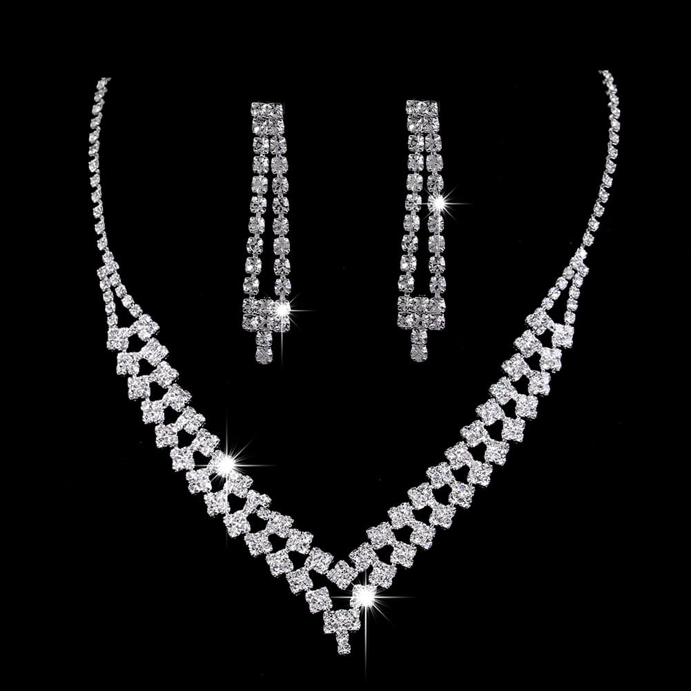 sparkling silver rhinestone zircon water drop necklace and matching drop earrings set showcasing elegant water drop design