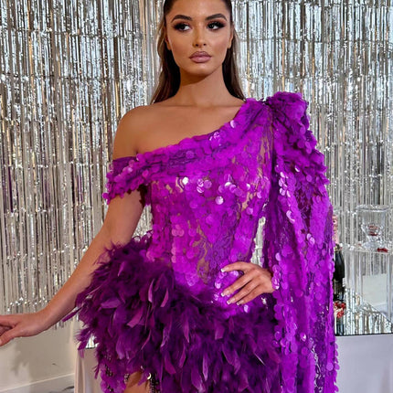 Purple Sequined Feather Skirt One-shoulder Sleeve Short Dress Luxury Party Stage Performance Dress - Royalessencelux