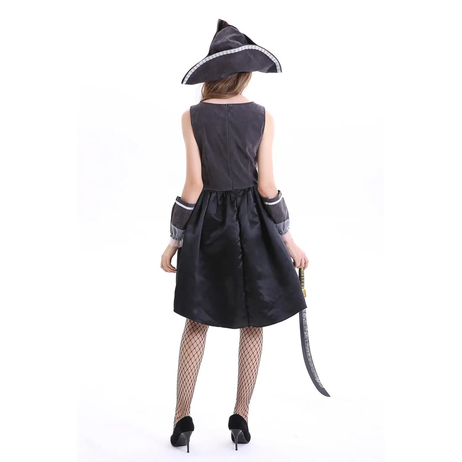 black satin male pirate costume featuring a silver-trimmed hat and matching arm cuffs designed for halloween male pirate cosplay.