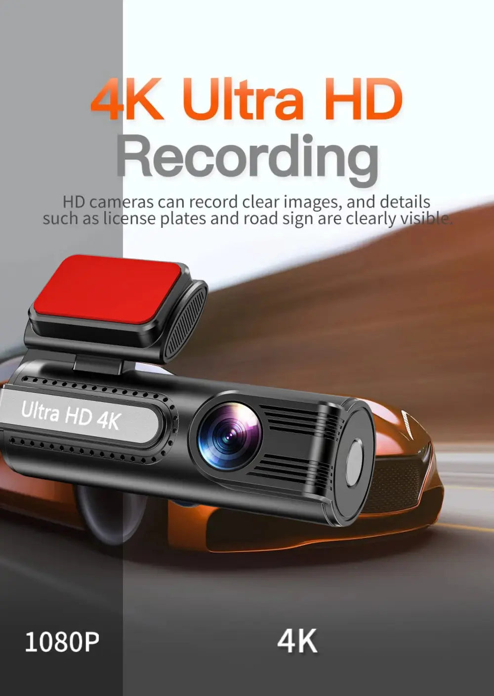 black 4k ultra hd vision lipstick machine dash cam with night vision lipstick feature, rear dual lens, red mounting bracket, and silver accent strip for enhanced vehicle surveillance.