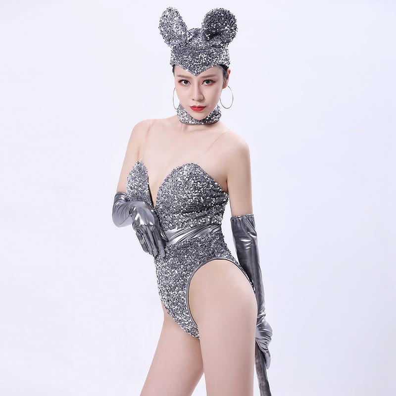 silver sequined mouse bar costumes featuring a shiny silver sequined costume set with matching headpiece, gloves, and tail for bar costumes sequined themes.