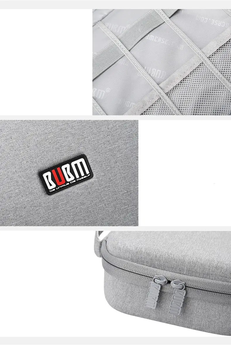 Gray textured fabric digital storage bag travel organizer featuring dual zippers and a branded patch for secure digital storage.